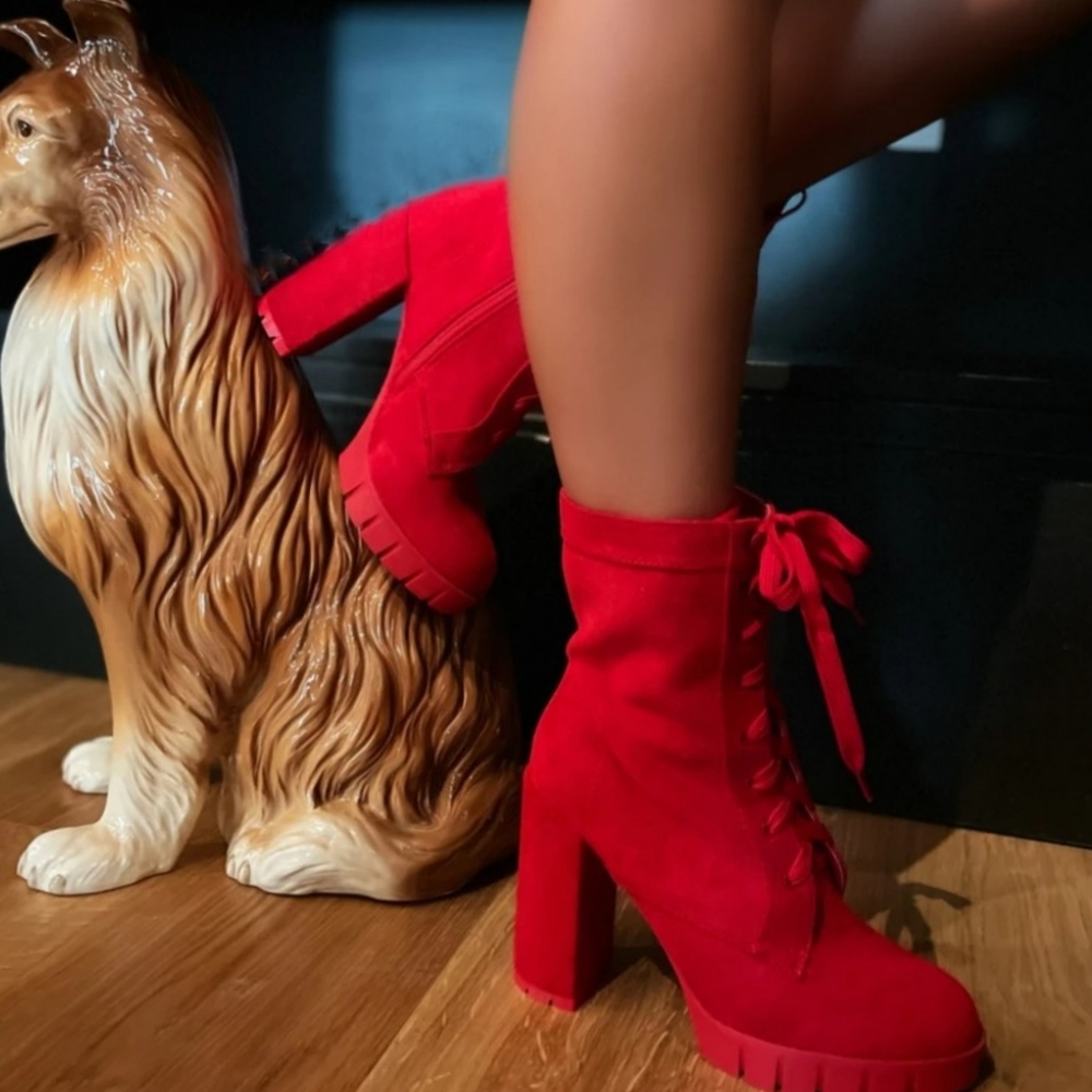 Just In Red Lace Up Faux Suede Booties - Picture 2 of 4